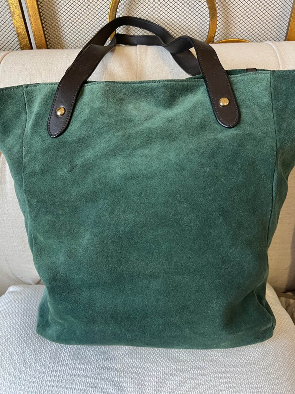 Lauren Ralph Lauren Deep Green Suede Tote with Black Leather Straps - Picture 4 of 11